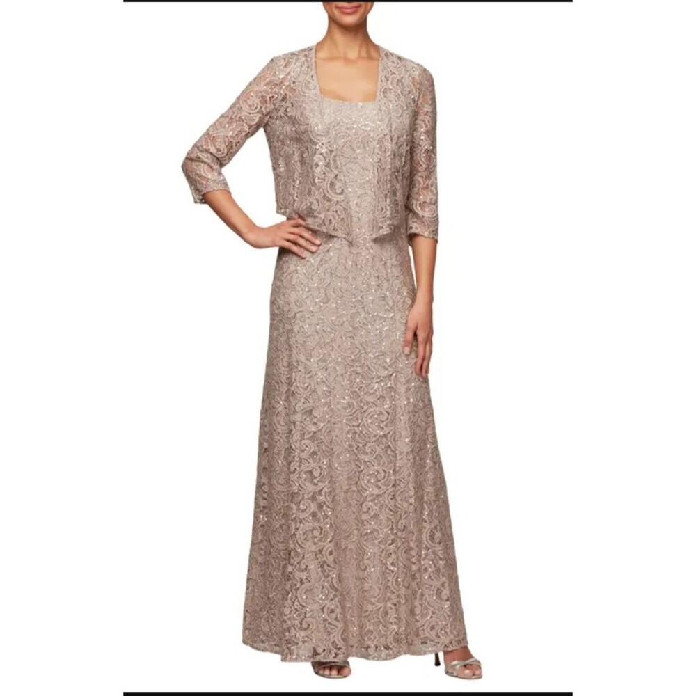Alex Evenings Womens Sz 14 Sequin Lace Jacket Gown Mother of the Bride Dress